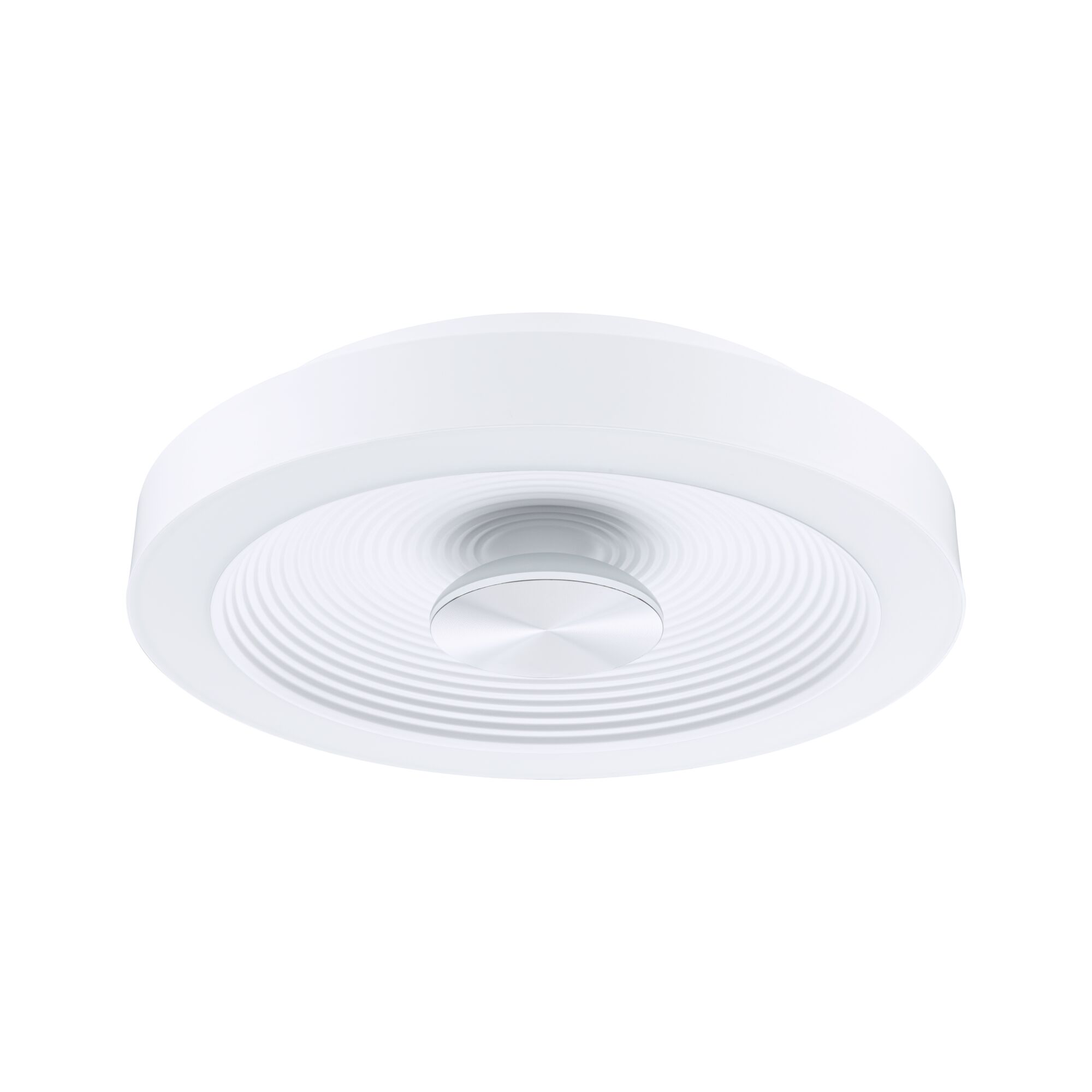 Round white ceiling light with concentric grooves and central silver element made of plastic