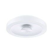 Round white ceiling light with concentric grooves and central silver element made of plastic