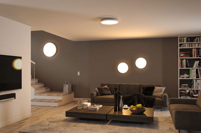 Moderne woonkamer met ronde witte plafond- en wandlampen, bruine banken en houten salontafel met decoratie.