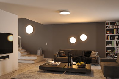 Modernes Wohnzimmer mit runden weißen Decken- und Wandleuchten, braunen Sofas und Holztisch mit Deko.