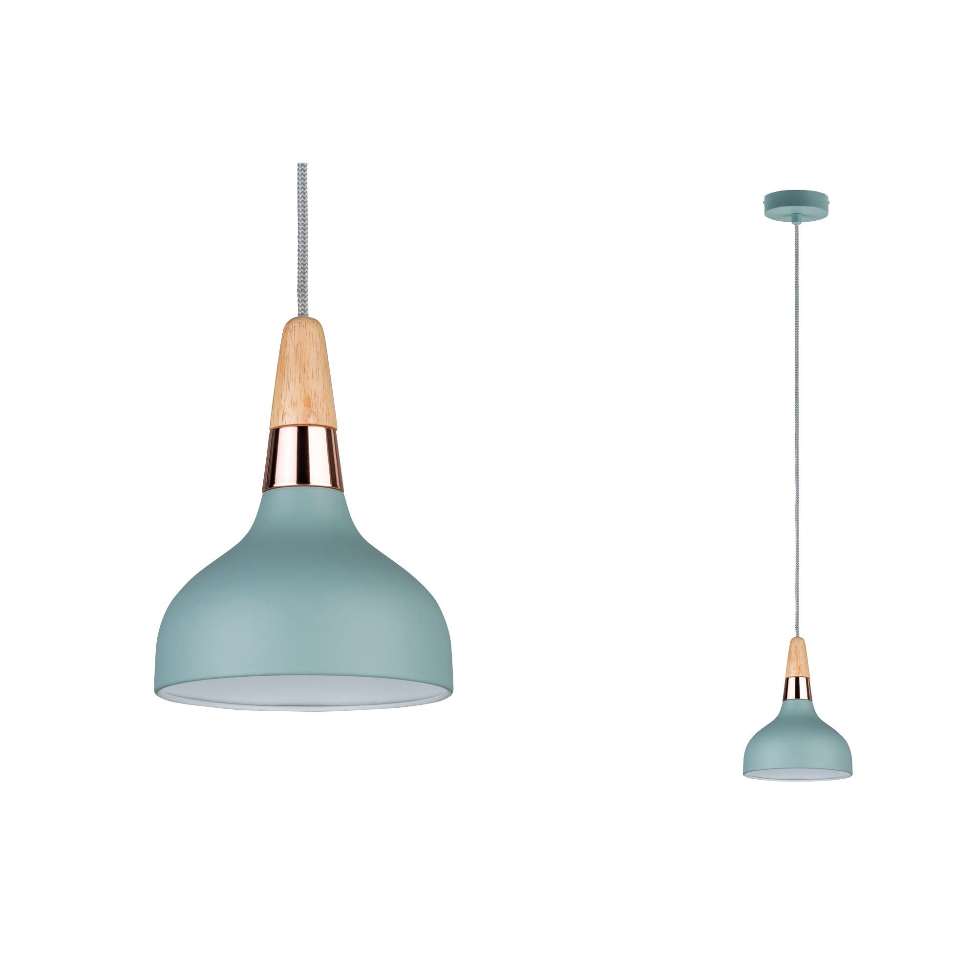 Blauwe metalen hanglamp met hout- en koperdetails, moderne verlichting voor woonruimtes
