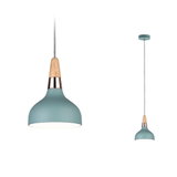 Suspension en métal bleu avec détails en bois et cuivre, lampe moderne pour intérieur