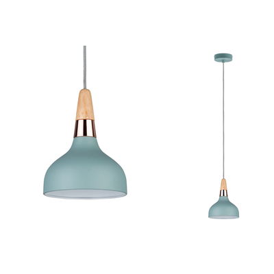 Blue metal pendant lamp with wood and copper accents, modern hanging light for living spaces