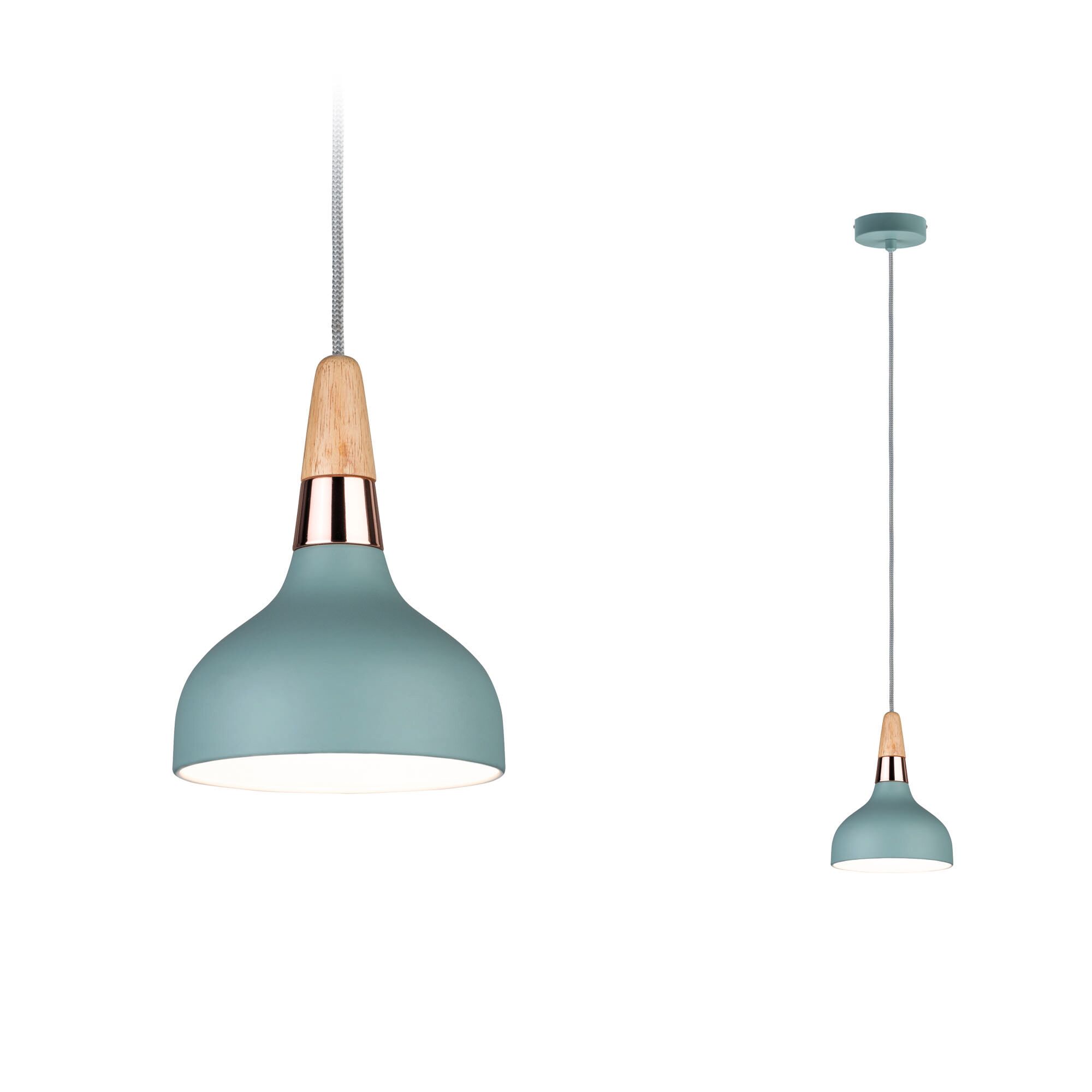 Pendelleuchte Juna E14 max. 20W Softgrün/Kupfer/Holz dimmbar Metall/Holz Hängelampe aus blauem Metall mit Holz- und Kupferdetails, moderner Pendelleuchte für Wohnräume