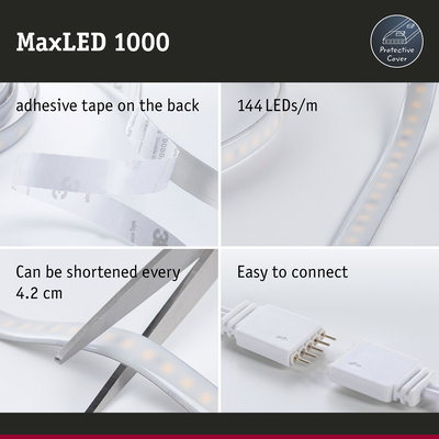 MaxLED 1000 LED strip with protective cover, 144 LEDs per meter, adhesive tape, cuttable every 4.2 cm, easy to connect