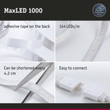 MaxLED 1000 LED strip with protective cover, 144 LEDs per meter, adhesive tape backing, cuttable every 4.2 cm, easy to connect