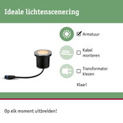 Zwarte LED inbouwgrondspot met warm wit licht en kabel voor buitenverlichting