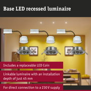 White LED recessed luminaires with replaceable LED coin and 45 mm installation depth for direct 230V connection
