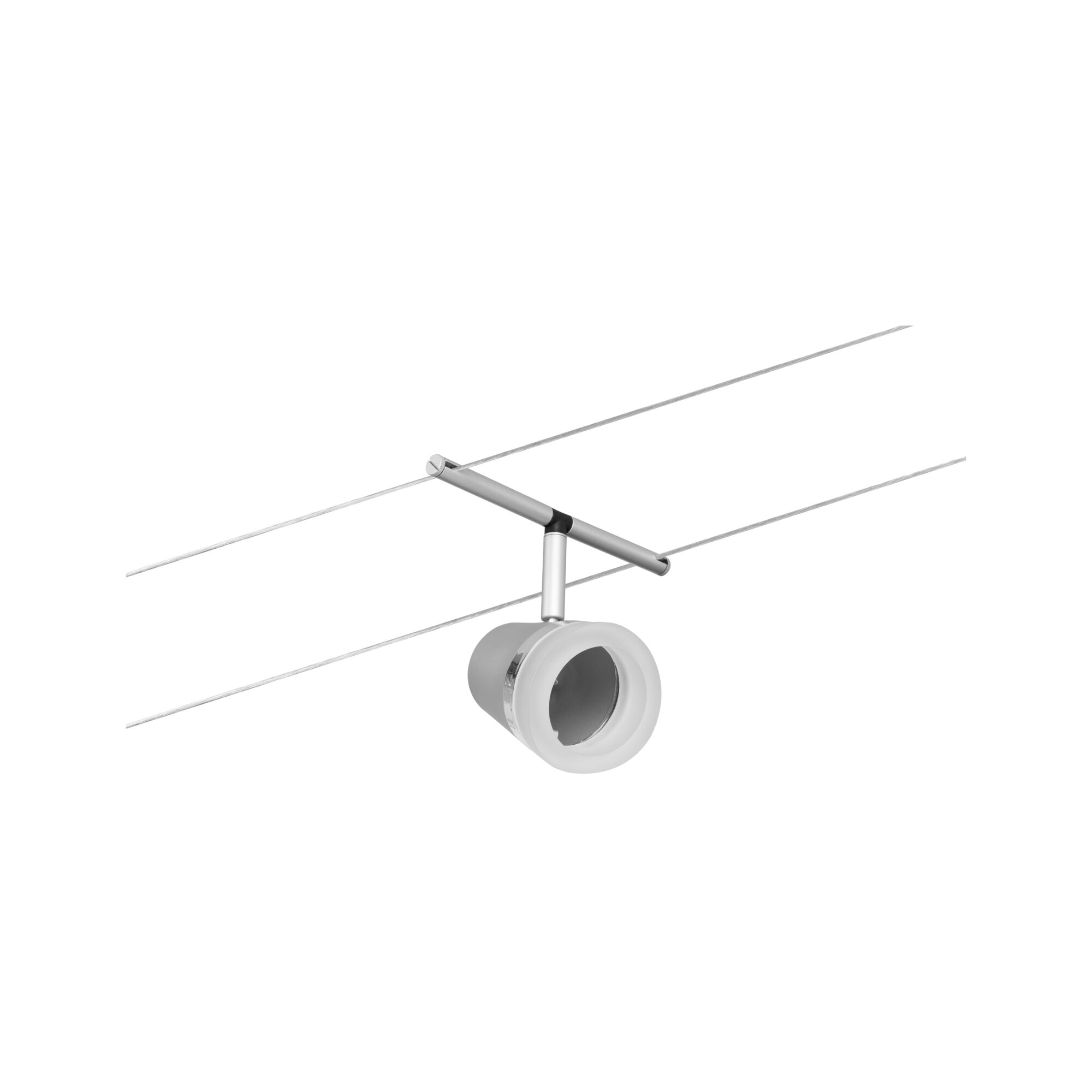 Moderner Seilstrahler mit silbernem Metallgehäuse und weißem Diffusor für flexible Beleuchtung.