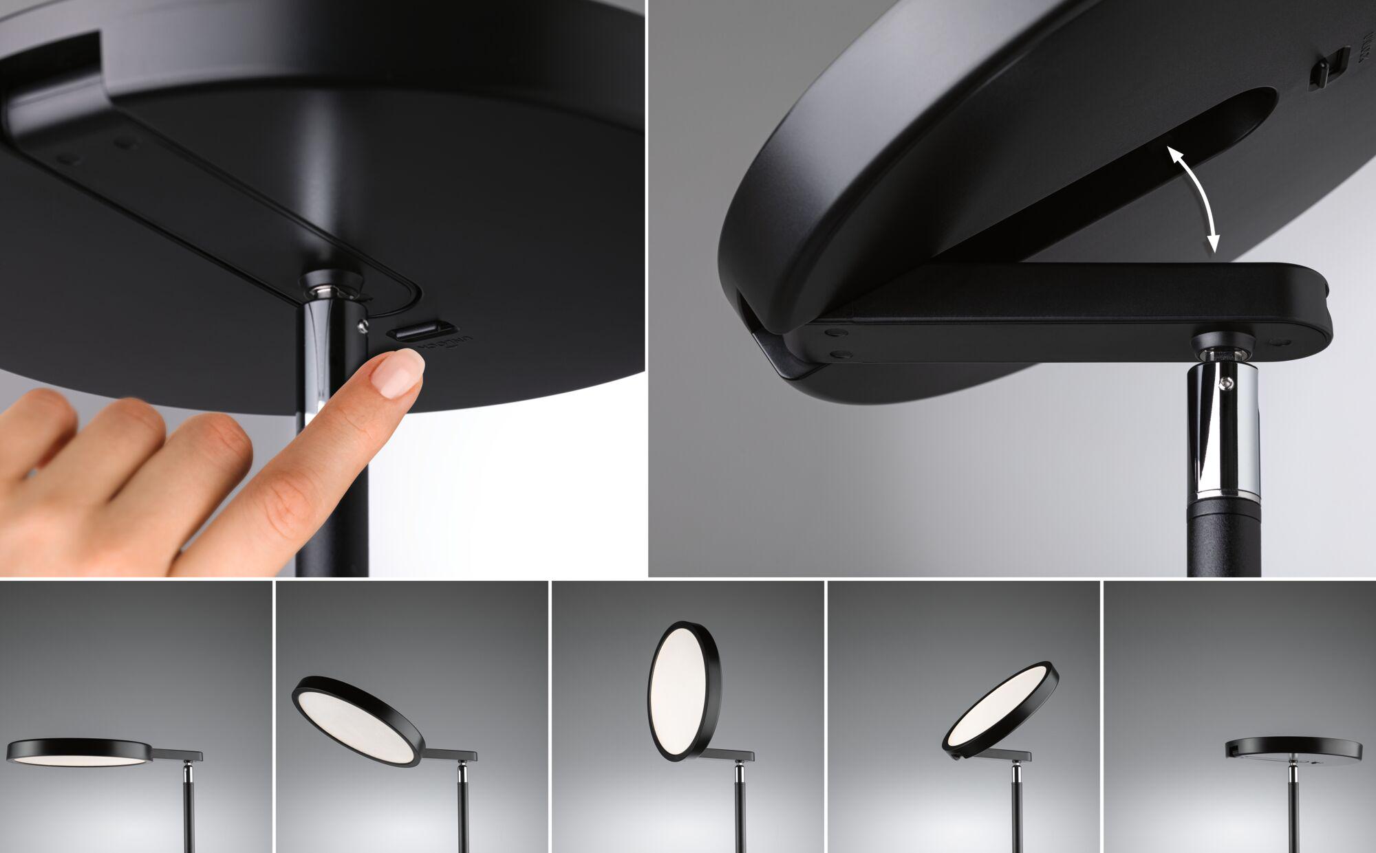 Schwarze LED-Stehleuchte mit verstellbarem runden Leuchtkopf und Touch-Schalter aus Metall