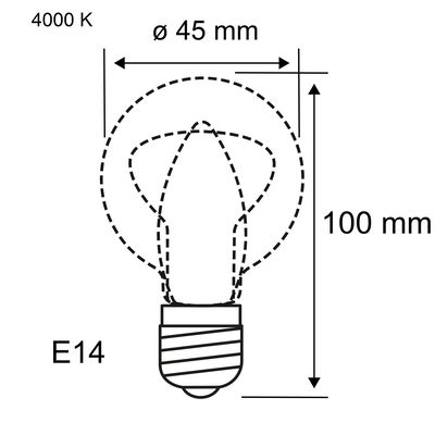 Technische Zeichnung einer E14 LED-Lampe mit 45 mm Durchmesser und 100 mm Länge, 4000 K Lichtfarbe