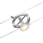 Silberner LED-Seilstrahler aus Metall mit warmweißem Licht für moderne Seilsystembeleuchtung