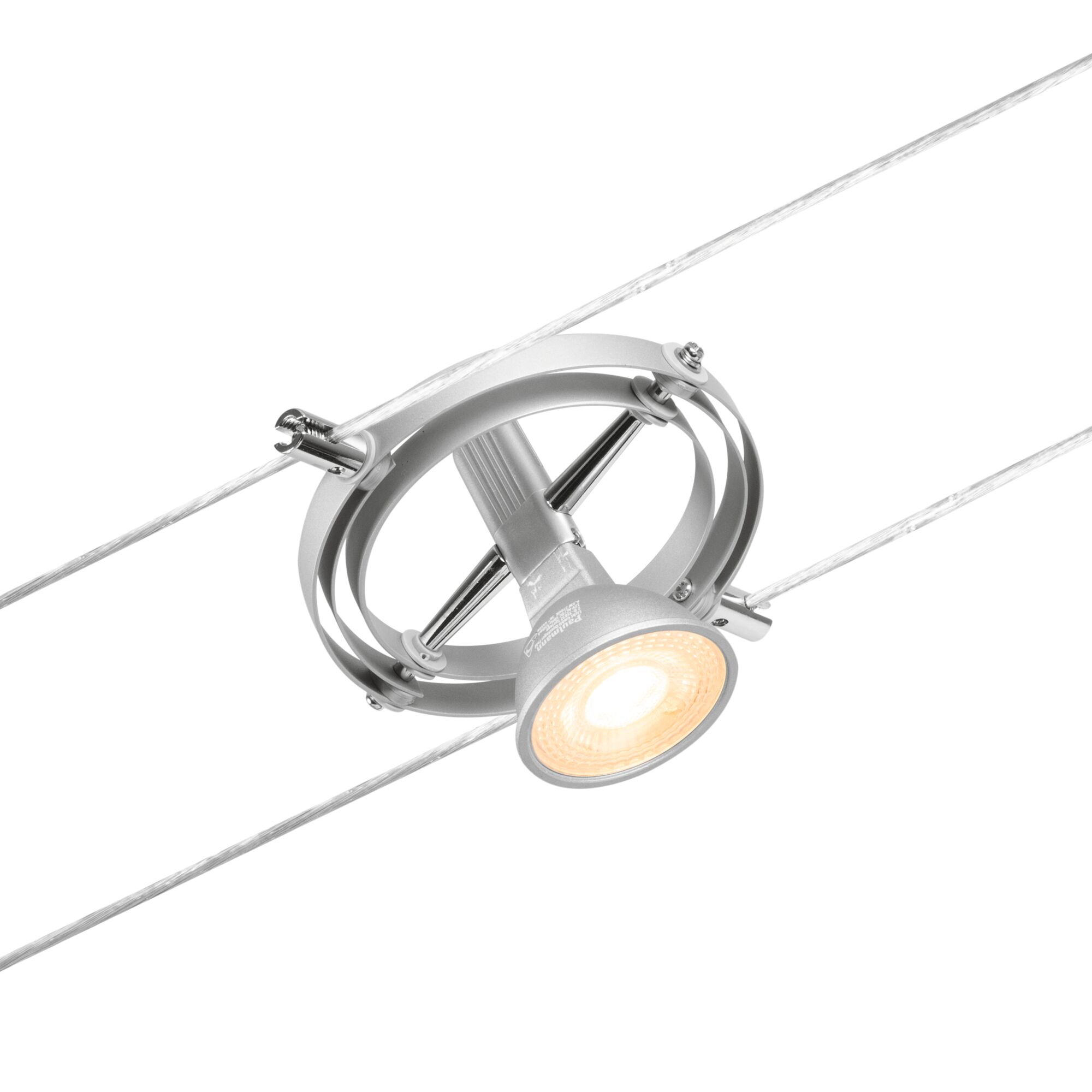 Silberner LED-Seilstrahler aus Metall mit warmweißem Licht für moderne Seilsystembeleuchtung