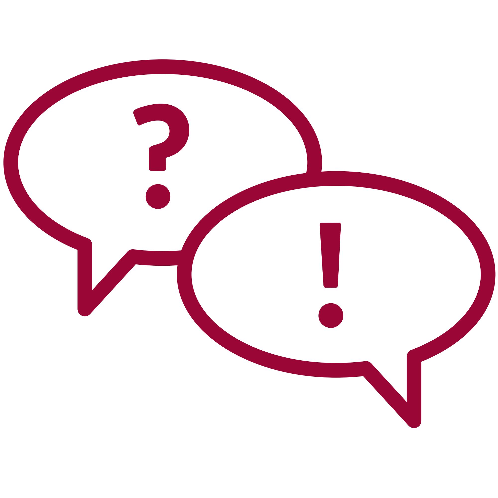 Rote Sprechblasen mit Frage- und Ausrufezeichen symbolisieren Kommunikation und Austausch.