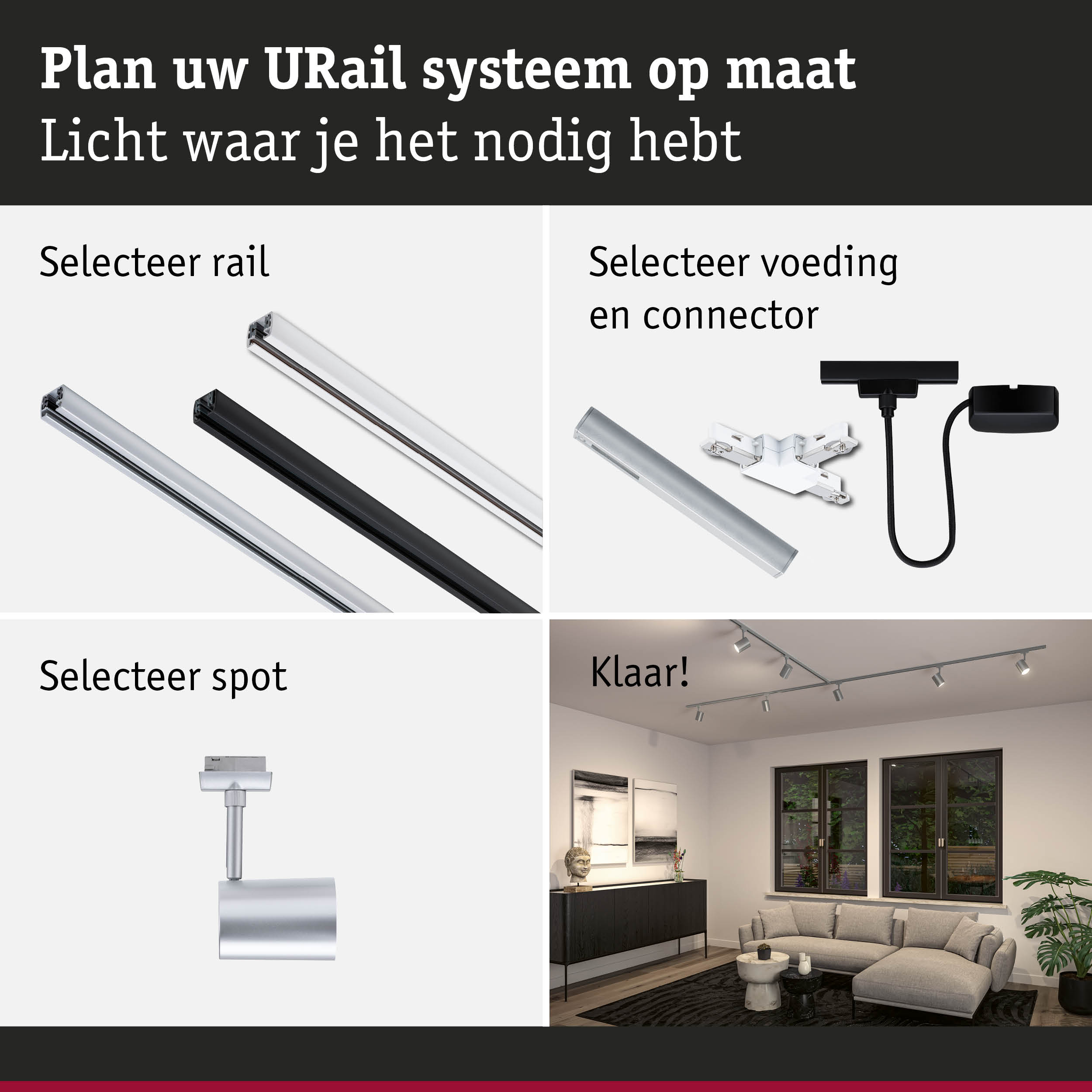 Modulair URail railsysteem met aluminium rails in zwart en wit voor flexibele LED-verlichting.