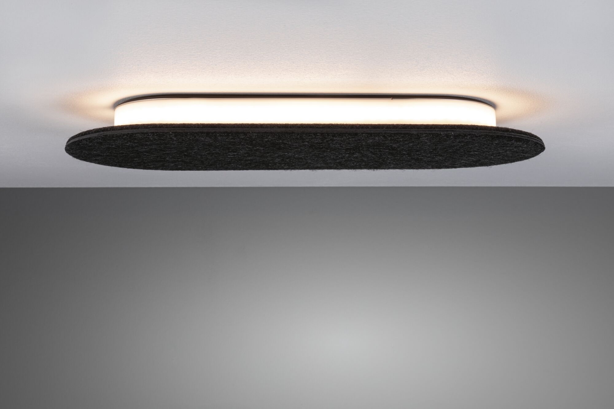 Modern ceiling light with black felt shade and warm white LED for living spaces