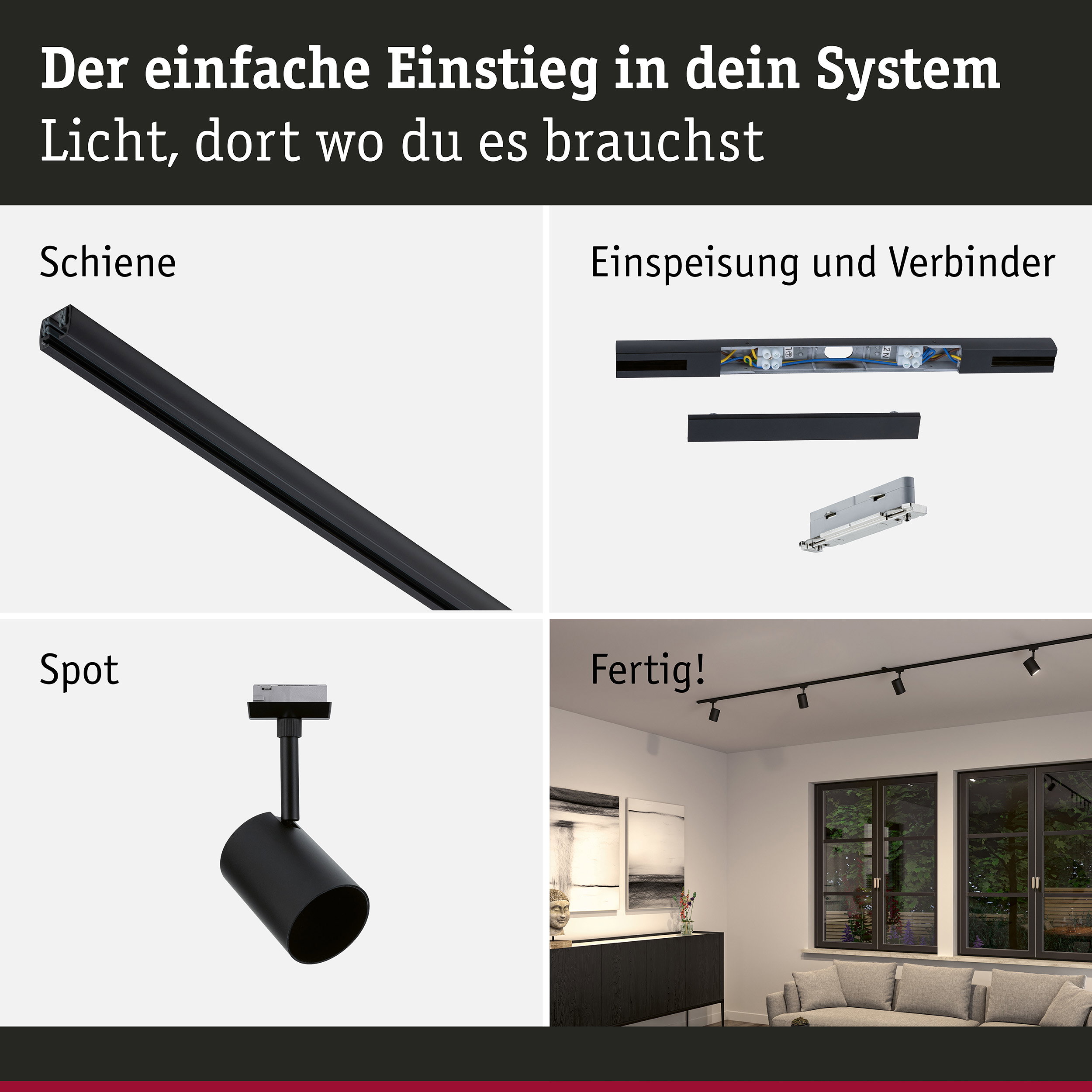 URail Schienenspot Luxe Starterset Mitteleinspeisung GU10 max. 10W 230V Schwarz matt