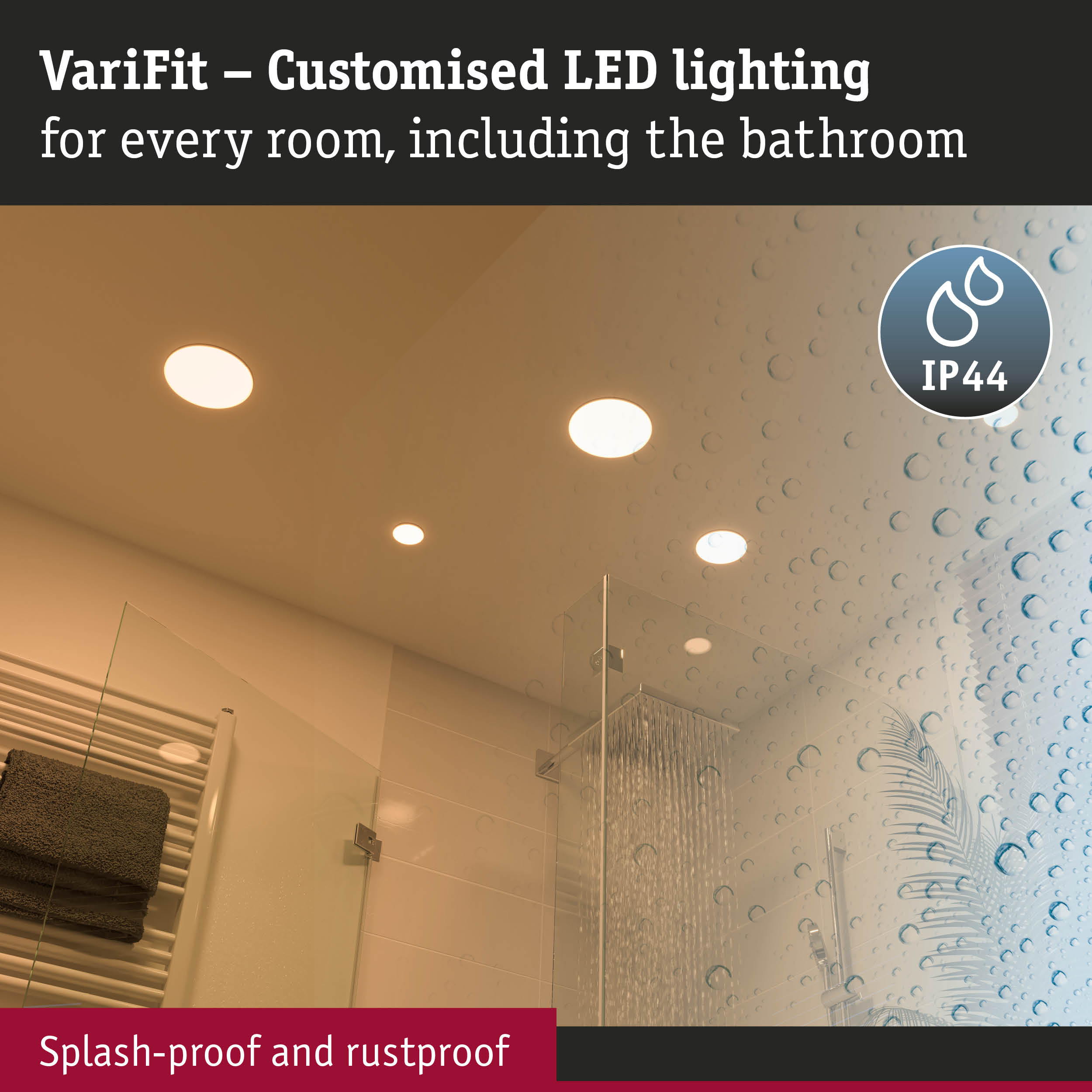 VariFit white recessed LED lights, splash-proof and rustproof, perfect for bathroom lighting