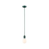 Green pendant light with round white bulb and fabric cable for modern interior lighting