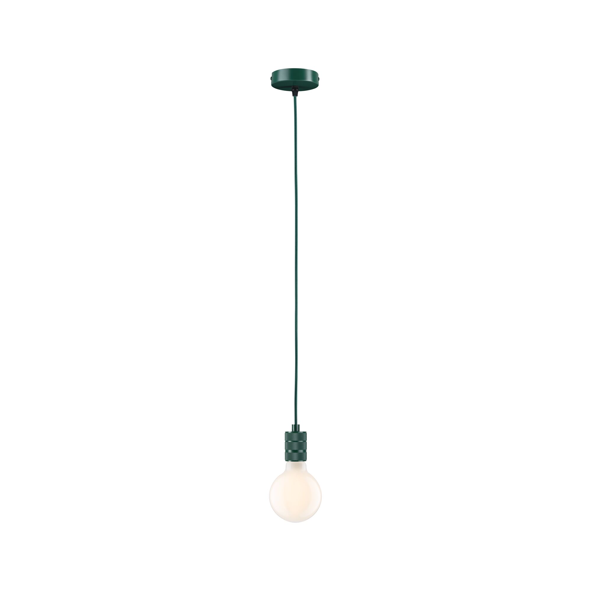 Groene hanglamp met ronde witte lamp en stoffen kabel voor moderne binnenverlichting