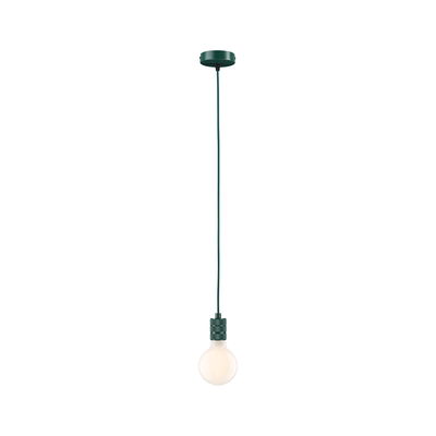 Groene hanglamp met ronde witte lamp en stoffen kabel voor moderne binnenverlichting