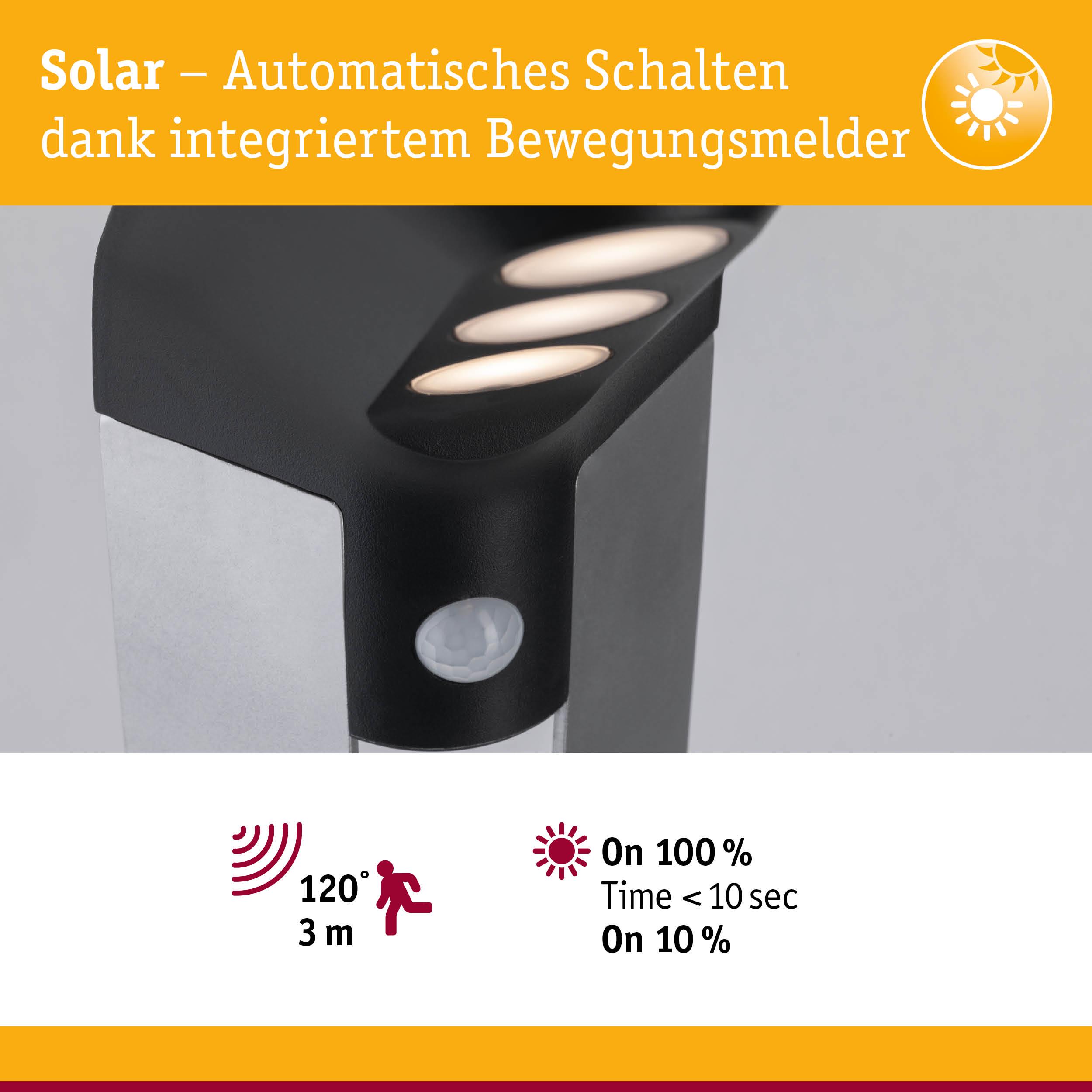 Solarleuchte mit integriertem Bewegungsmelder und automatischem Schalten, schwarz und silberfarben