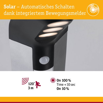 Solarleuchte mit integriertem Bewegungsmelder und automatischem Schalten, schwarz und silberfarben