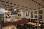 Intérieur de café moderne avec comptoir en bois, carrelage blanc et suspensions LED chaudes pour une ambiance cosy.