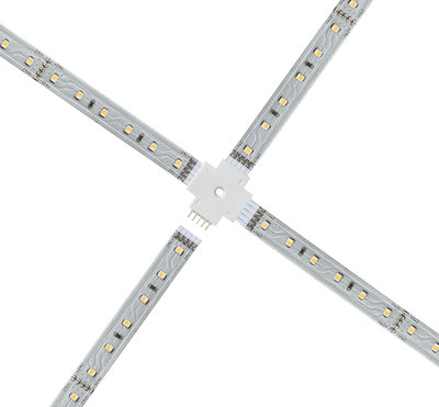Vierarmiger LED-Streifenverbinder in Weiß für flexible Lichtbandinstallation mit 24V Anschluss.