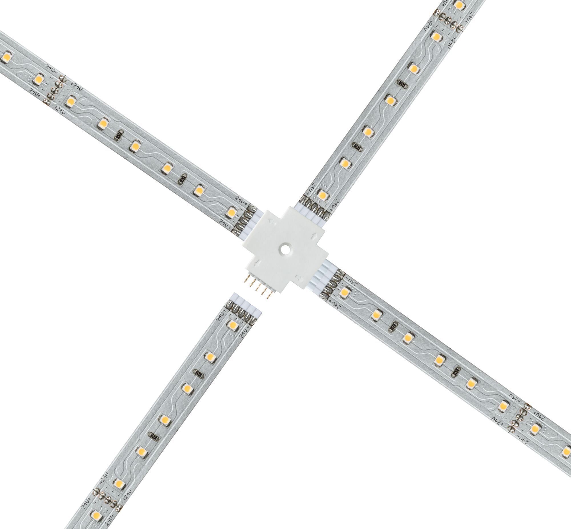 Witte LED-strip connector met vier armen voor flexibele 24V lichtstrip installatie.