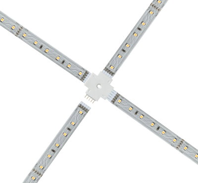 Four-arm white LED strip connector for flexible 24V light strip installation and connection.