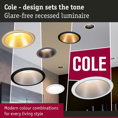 Cole glare-free recessed luminaires in modern colour combinations for stylish and comfortable room lighting