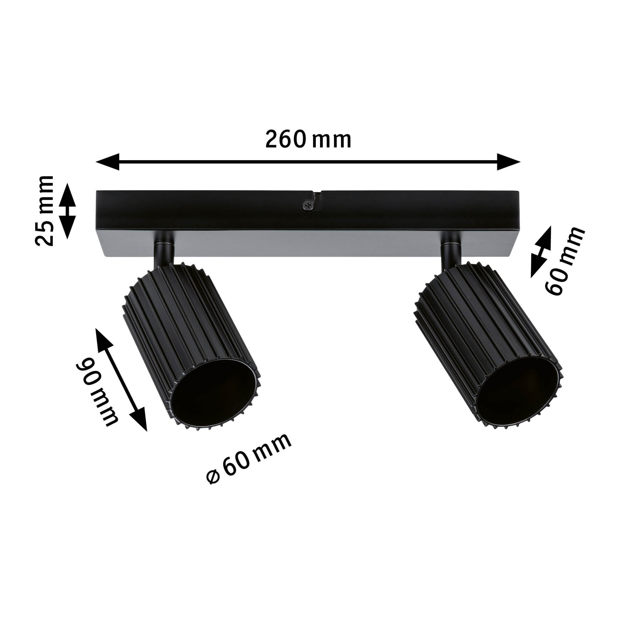 Black aluminium ceiling light with two adjustable spotlights and dimensions for modern room lighting