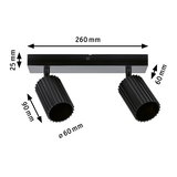 Black aluminium ceiling light with two adjustable spotlights and dimensions for modern room lighting