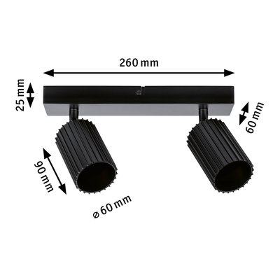 Black aluminium ceiling light with two adjustable spotlights and dimensions for modern room lighting