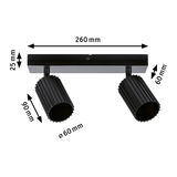 Black aluminium ceiling light with two adjustable spotlights and dimensions for modern room lighting