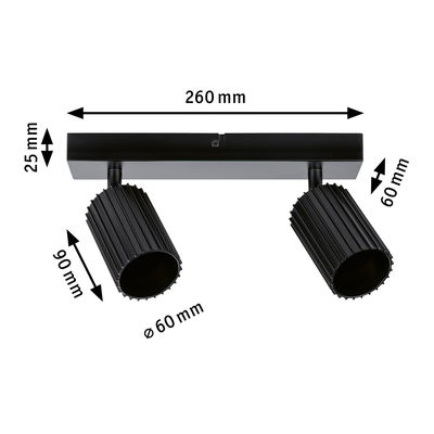 Black aluminium ceiling light with two adjustable spotlights and dimensions for modern room lighting