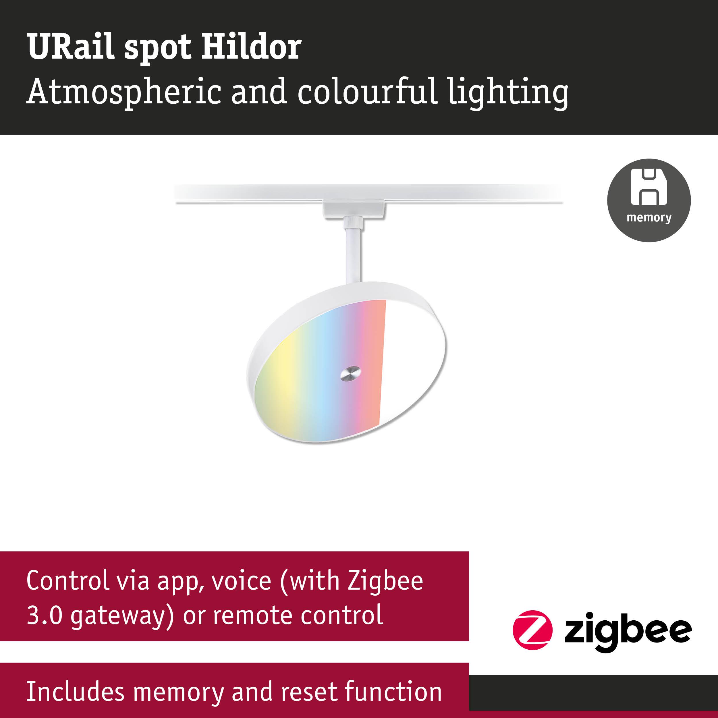 URail Spot Hildor white rail with colorful LED lighting controllable via app and voice