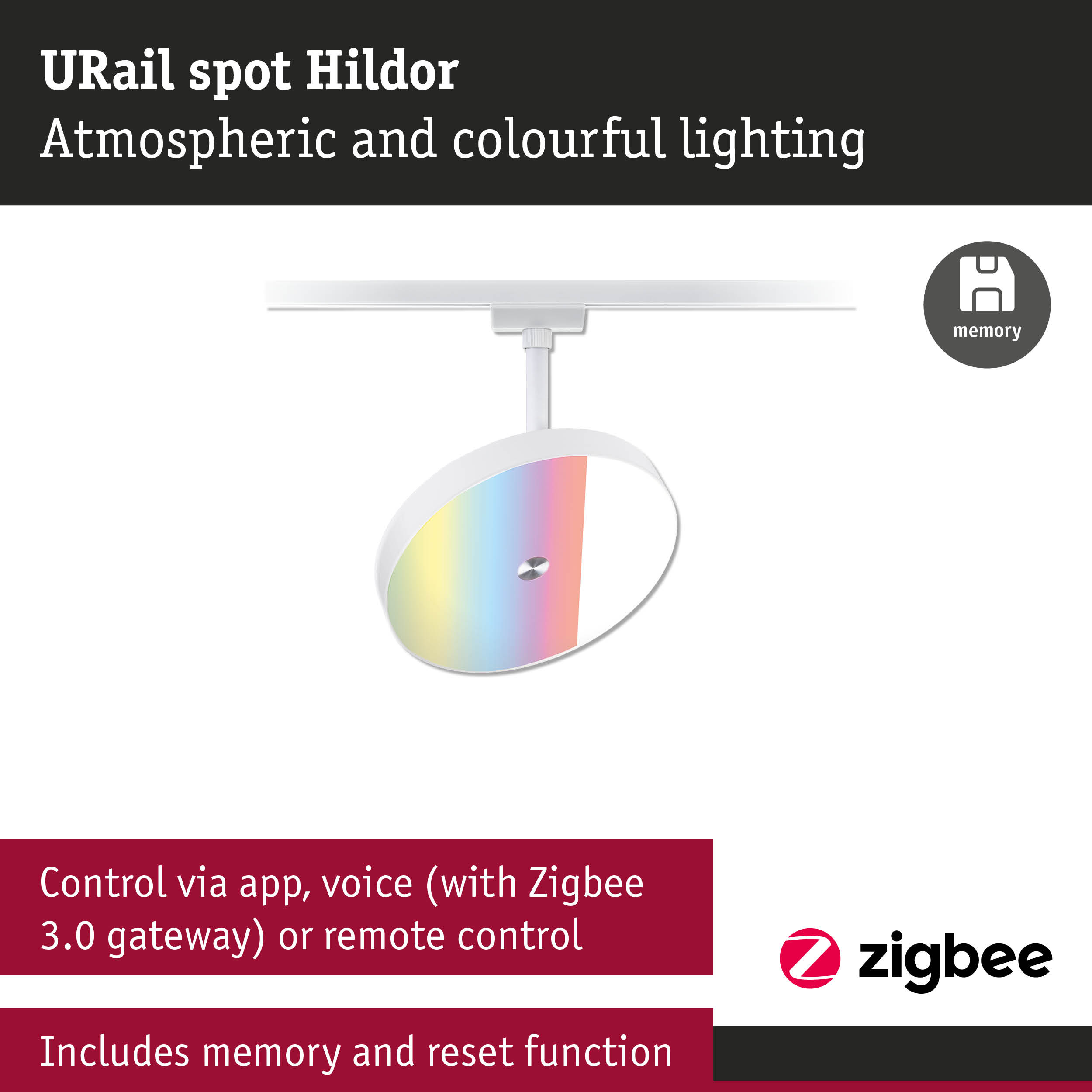 White URail spot Hildor with colorful lighting, controllable via app and Zigbee 3.0 gateway