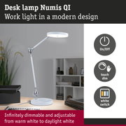 White Numis QI desk lamp with modern design and dimmable LED light for office and workspaces