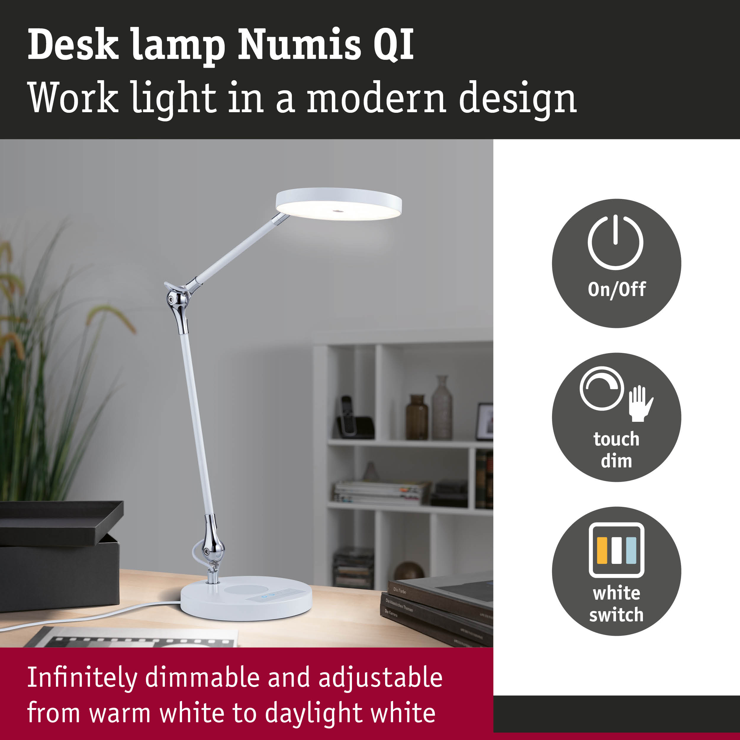 White Numis QI desk lamp with modern design and dimmable LED light for office and workspaces