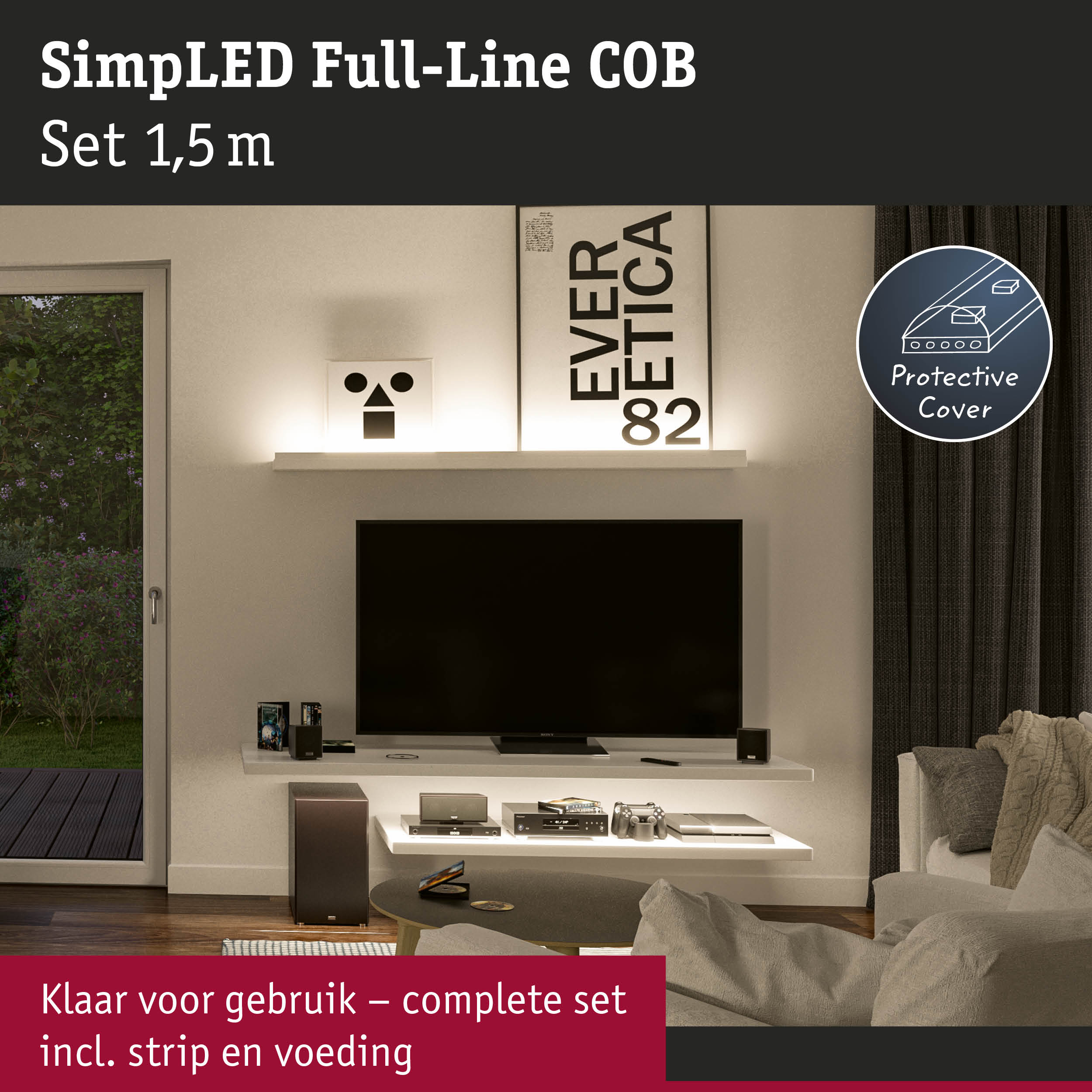 Woonkamer met tv en verlichte planken door 1,5 m LED Full-Line COB set met beschermhoes