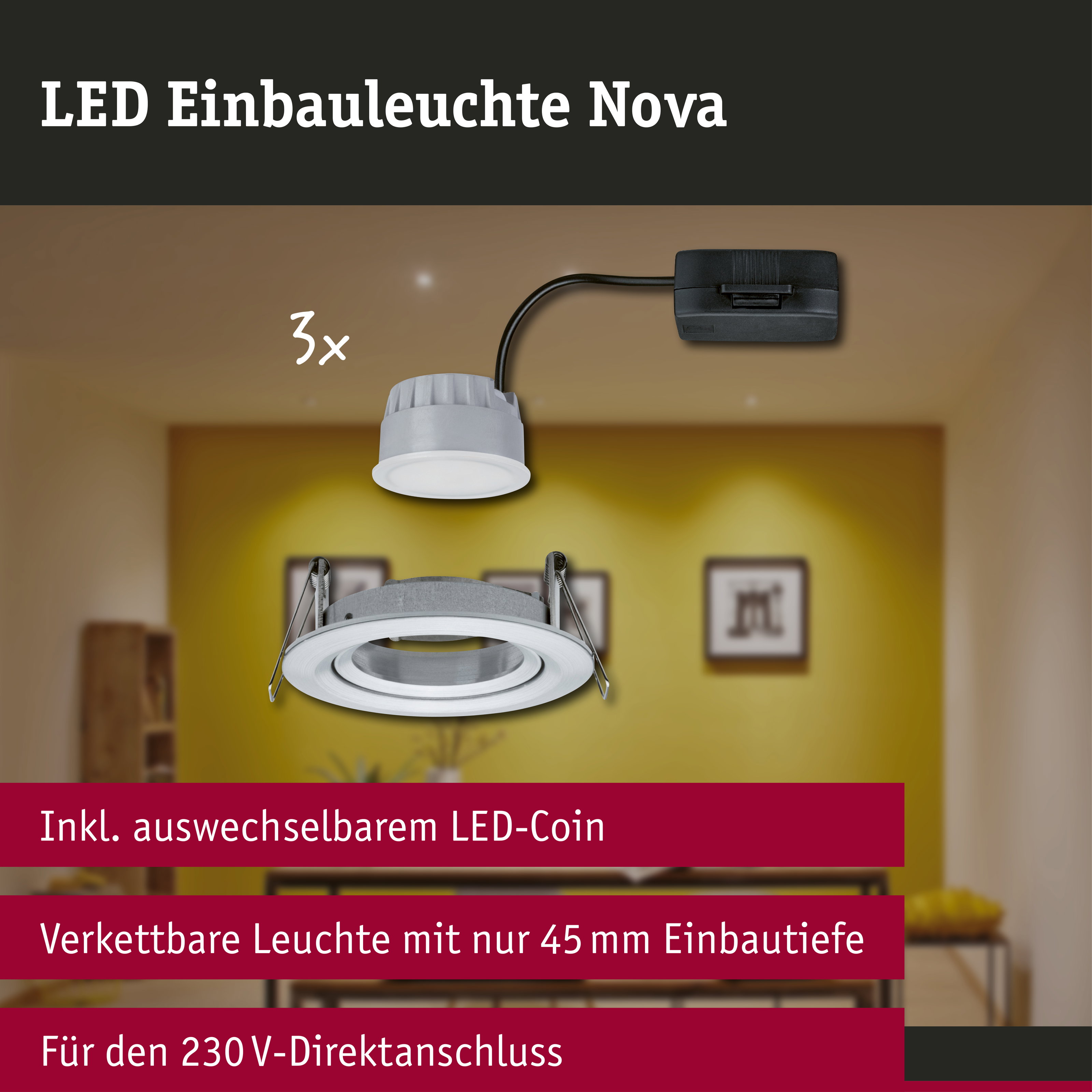 LED Einbauleuchte 3-Step-Dim Nova Coin 3-Step-Dim Basisset schwenkbar rund 84mm 50° Coin 3x6W 3x470lm 230V dimmbar 2700K Alu gedreht