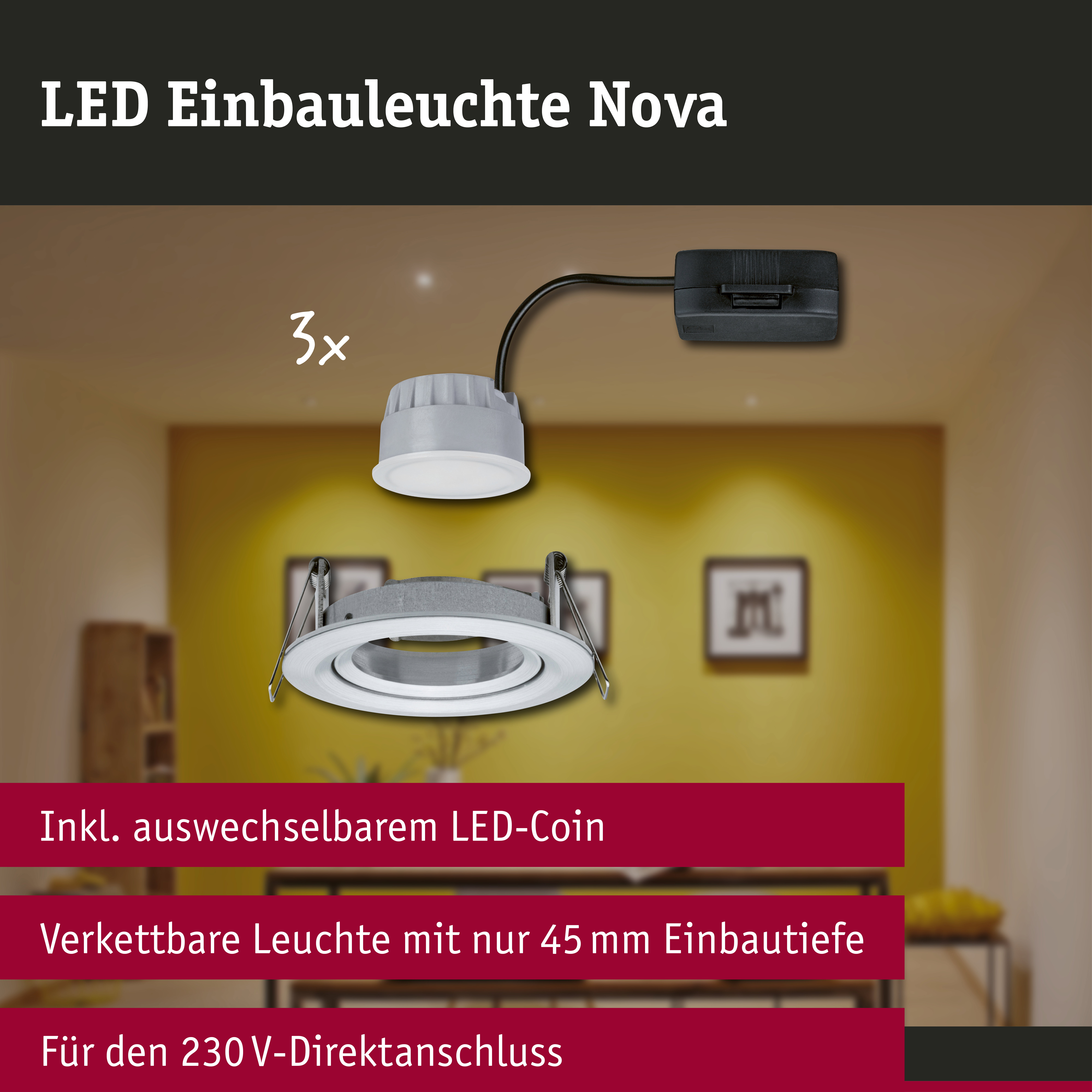 LED Einbauleuchte 3-Step-Dim Nova Coin 3-Step-Dim Basisset schwenkbar rund 84mm 50° Coin 3x6W 3x470lm 230V dimmbar 2700K Alu gedreht