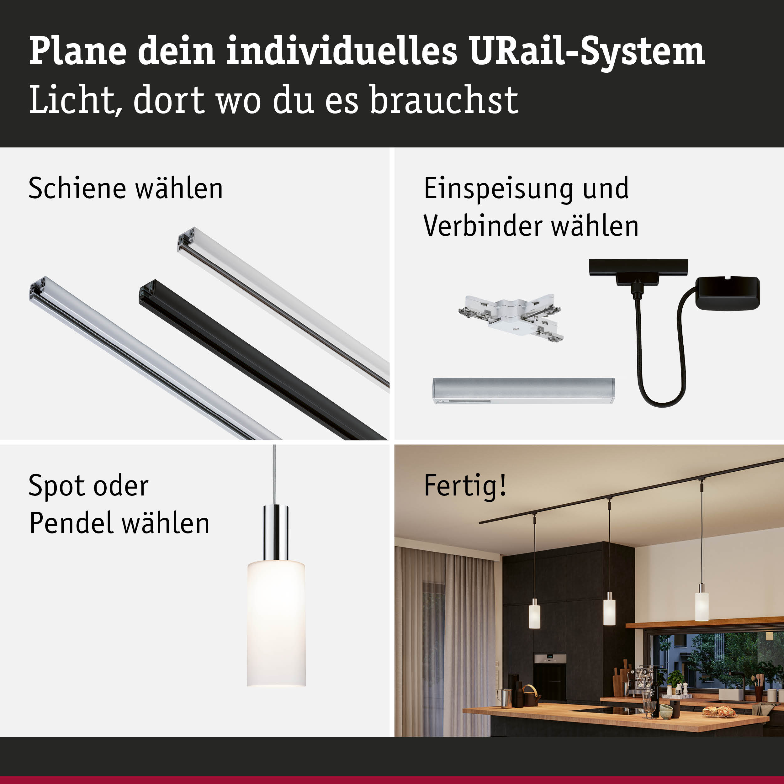 Modulares URail-Schienensystem in Schwarz und Weiß mit Pendelleuchte für individuelle Lichtplanung