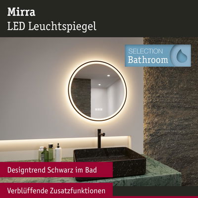 Runder Mirra LED Leuchtspiegel mit warmweißem Licht und schwarzem Waschbecken im modernen Badezimmer.