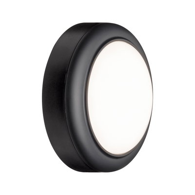 Rund LED-væglampe med sort hus og hvid diffuser til moderne indendørs belysning