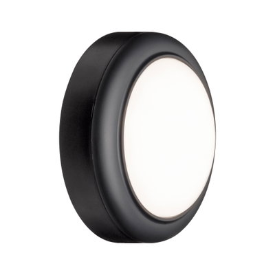 Round LED wall light with black housing and white diffuser for modern indoor lighting