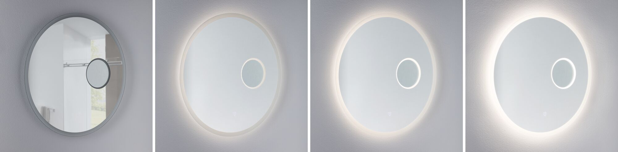 Runder Wandspiegel mit integriertem LED-Licht in Weiß, modernes Badezimmer-Accessoire mit Vergrößerungsspiegel.