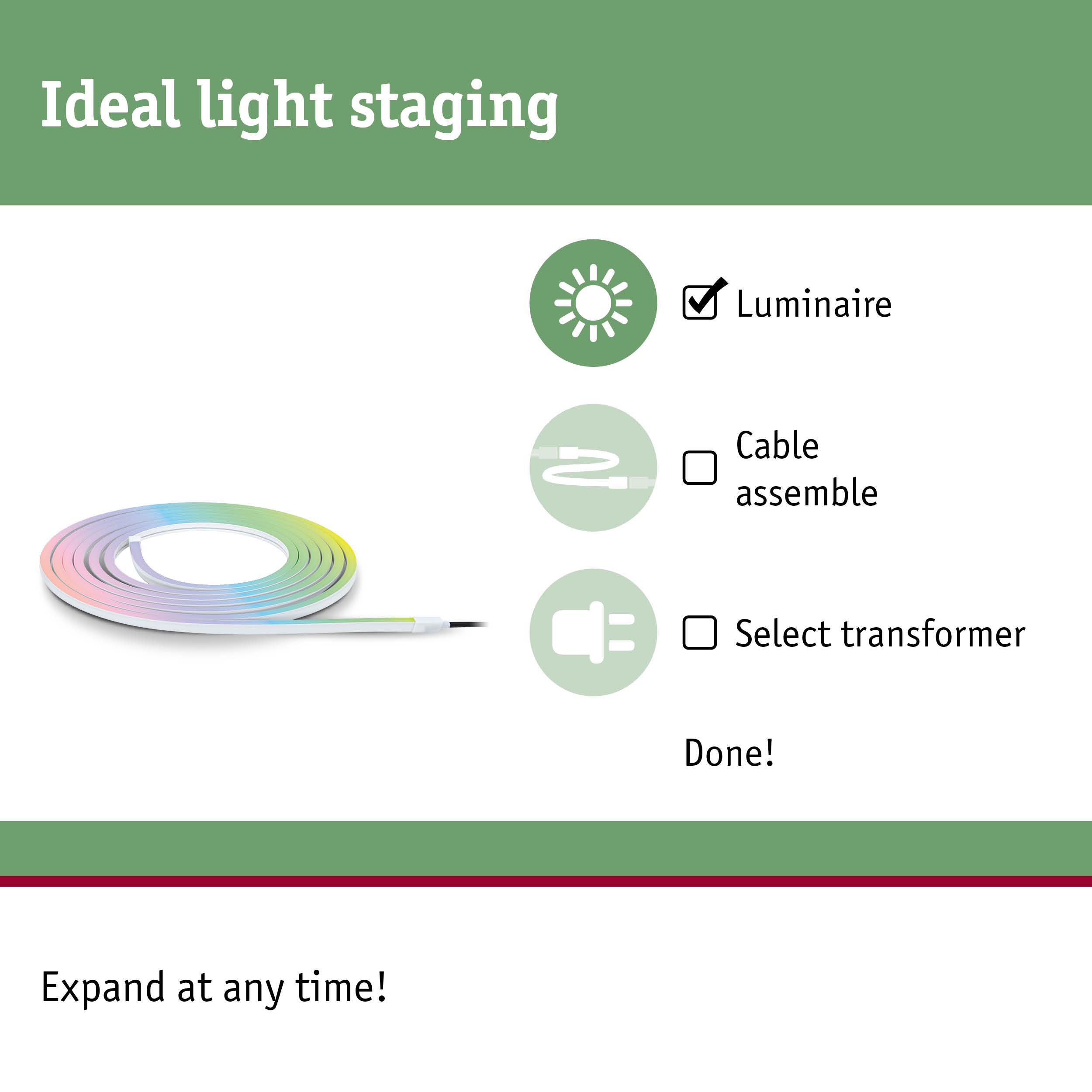 Colourful LED light strip roll with guide for ideal light staging and options for luminaire, cable, and transformer